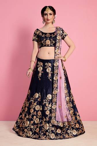 Navy Blue Zari & Sequins Embroidered Velvet Semi Stitched bridal lehenga
