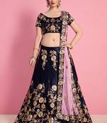 Navy Blue Zari & Sequins Embroidered Velvet Semi Stitched bridal lehenga