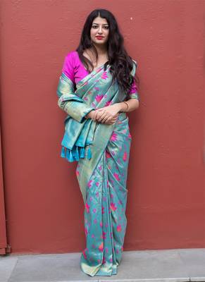 Sky blue woven silk saree with blouse 1