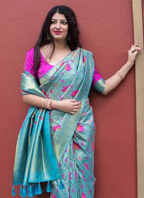 Sky blue woven silk saree with blouse 2