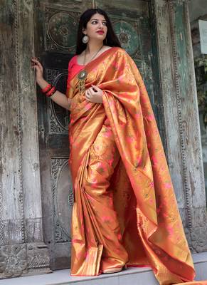 Orange woven silk blend saree with blouse 2