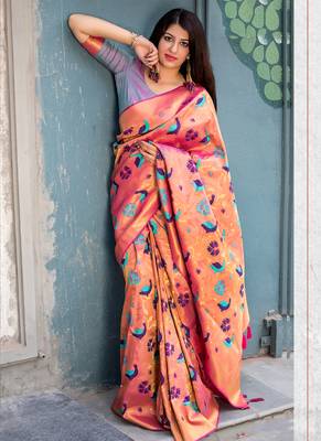 Peach woven silk blend saree with blouse 1