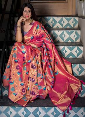 Peach woven silk blend saree with blouse 2