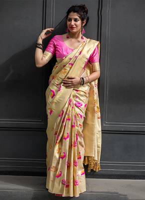 Cream woven silk blend saree with blouse 1