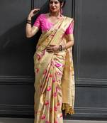 Cream woven silk blend saree with blouse