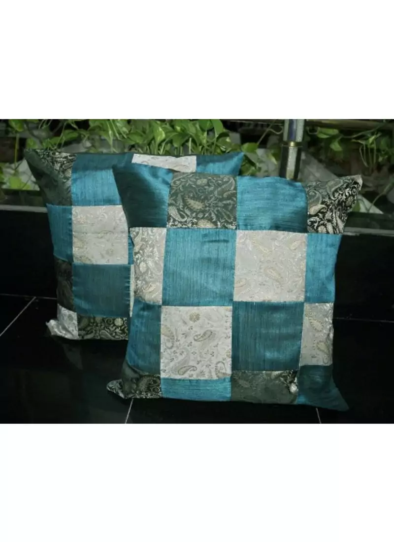 Handcrafted patchwork Decorated silk Pillow Cushion Cover 16 X 16 Inches Set ...