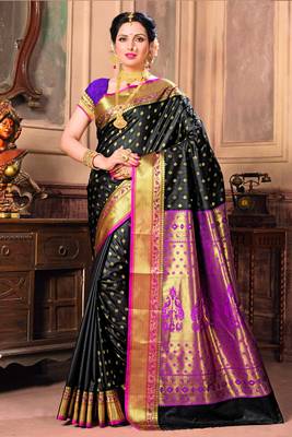 Black woven silk blend saree with blouse 1