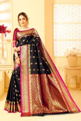 Black woven silk blend saree with blouse 1