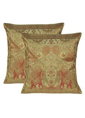 Lal Haveli Handmade Peacock & Elephant Work Design silk Cushion Cover 16 X 16 1