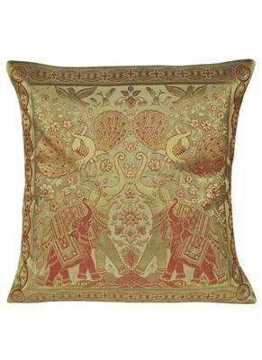 Lal Haveli Handmade Peacock & Elephant Work Design silk Cushion Cover 16 X 16 2