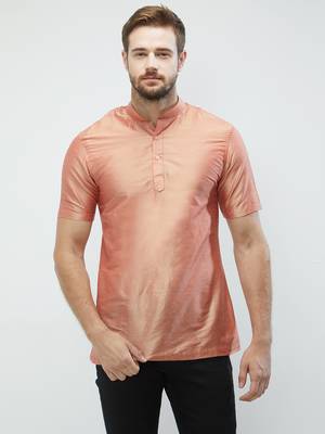 irin Pink Poly Viscose Half Sleeves Solid Mandarin Short Kurta For Men 1