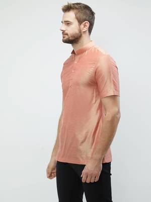 irin Pink Poly Viscose Half Sleeves Solid Mandarin Short Kurta For Men 2