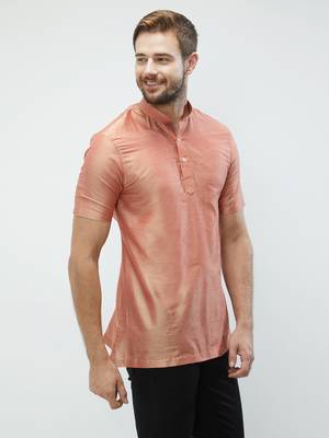 irin Pink Poly Viscose Half Sleeves Solid Mandarin Short Kurta For Men 3