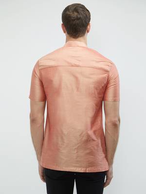 irin Pink Poly Viscose Half Sleeves Solid Mandarin Short Kurta For Men 4