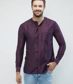 irin Dark Purple Poly Viscose Full Sleeves Solid Round Neck Short Kurta For Men