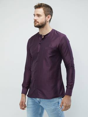 irin Dark Purple Poly Viscose Full Sleeves Solid Round Neck Short Kurta For Men 2