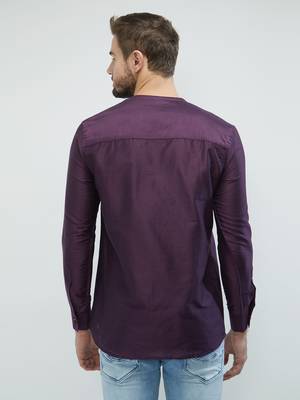 irin Dark Purple Poly Viscose Full Sleeves Solid Round Neck Short Kurta For Men 4
