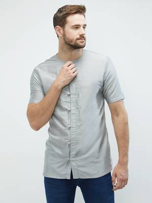 irin Grey Poly Viscose Half Sleeves Solid Round Neck Short Kurta For Men 1