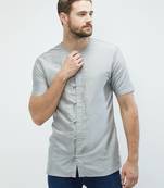 irin Grey Poly Viscose Half Sleeves Solid Round Neck Short Kurta For Men