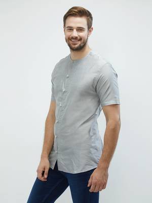 irin Grey Poly Viscose Half Sleeves Solid Round Neck Short Kurta For Men 2