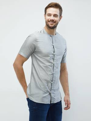 irin Grey Poly Viscose Half Sleeves Solid Round Neck Short Kurta For Men 3