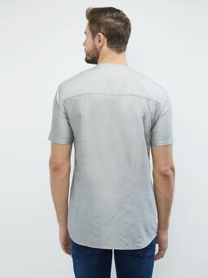 irin Grey Poly Viscose Half Sleeves Solid Round Neck Short Kurta For Men 4