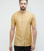 irin Gold Poly Viscose Half Sleeves Solid Round Neck Short Kurta For Men