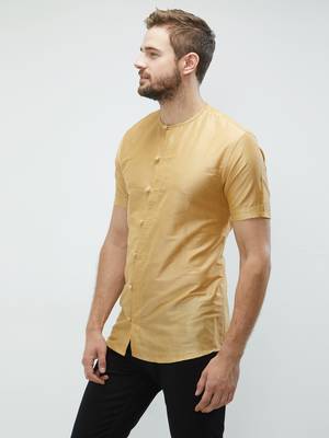 irin Gold Poly Viscose Half Sleeves Solid Round Neck Short Kurta For Men 2