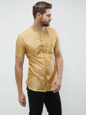 irin Gold Poly Viscose Half Sleeves Solid Round Neck Short Kurta For Men 3