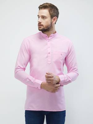 irin Pink Poly Cotton Full Sleeves Solid Mandarin Short Kurta For Men 1
