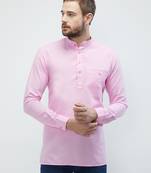 irin Pink Poly Cotton Full Sleeves Solid Mandarin Short Kurta For Men