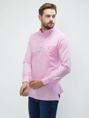 irin Pink Poly Cotton Full Sleeves Solid Mandarin Short Kurta For Men 2