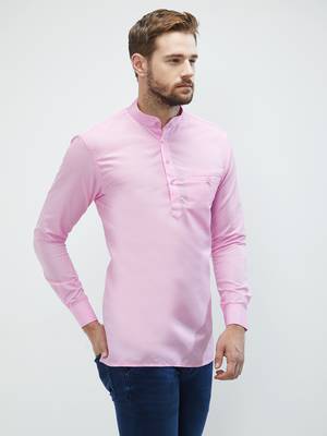 irin Pink Poly Cotton Full Sleeves Solid Mandarin Short Kurta For Men 3