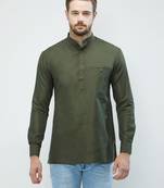 irin Olive Green Poly Cotton Full Sleeves Solid Mandarin Short Kurta For Men