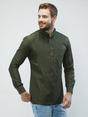 irin Olive Green Poly Cotton Full Sleeves Solid Mandarin Short Kurta For Men 3