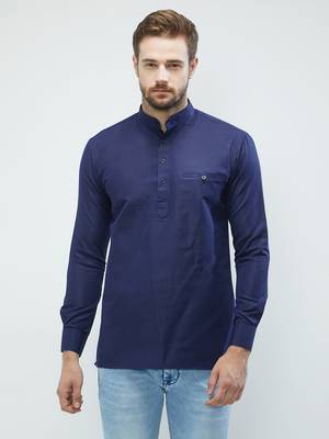 irin Royal Blue Poly Cotton Full Sleeves Solid Mandarin Short Kurta For Men 1