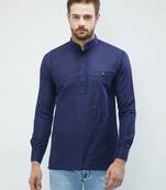 irin Royal Blue Poly Cotton Full Sleeves Solid Mandarin Short Kurta For Men