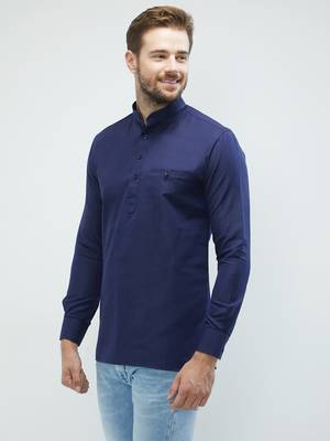 irin Royal Blue Poly Cotton Full Sleeves Solid Mandarin Short Kurta For Men 2