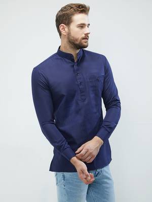 irin Royal Blue Poly Cotton Full Sleeves Solid Mandarin Short Kurta For Men 3