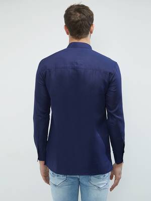 irin Royal Blue Poly Cotton Full Sleeves Solid Mandarin Short Kurta For Men 4