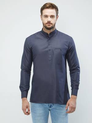 irin Navy Blue Poly Cotton Full Sleeves Solid Mandarin Short Kurta For Men 1
