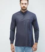 irin Navy Blue Poly Cotton Full Sleeves Solid Mandarin Short Kurta For Men