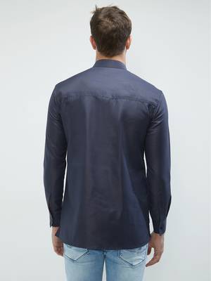 irin Navy Blue Poly Cotton Full Sleeves Solid Mandarin Short Kurta For Men 4
