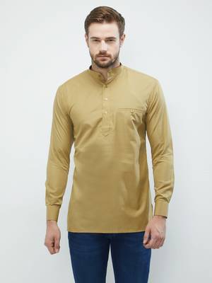 irin Beige Poly Cotton Full Sleeves Solid Mandarin Short Kurta For Men 1
