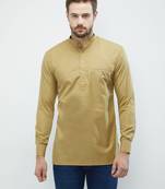 irin Beige Poly Cotton Full Sleeves Solid Mandarin Short Kurta For Men