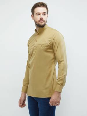 irin Beige Poly Cotton Full Sleeves Solid Mandarin Short Kurta For Men 2