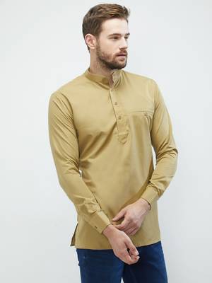 irin Beige Poly Cotton Full Sleeves Solid Mandarin Short Kurta For Men 3