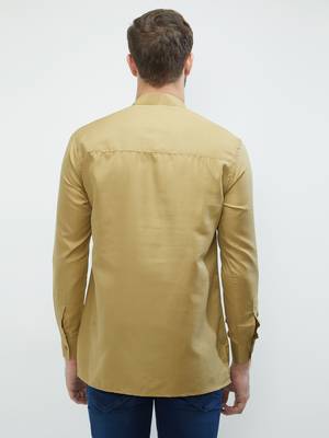 irin Beige Poly Cotton Full Sleeves Solid Mandarin Short Kurta For Men 4