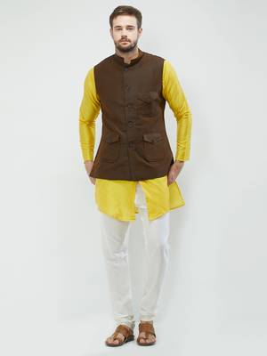 irin Poly Viscose Ethnic Set Of Dark Brown Koti (Waistcoat), Yellow and White Kurta Churidar For Men 1