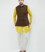irin Poly Viscose Ethnic Set Of Dark Brown Koti (Waistcoat), Yellow and White Kurta Churidar For Men